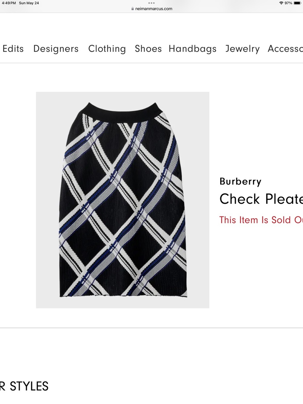 Burberry Black White and Navy Checked Pleated Silk Pencil Skirt